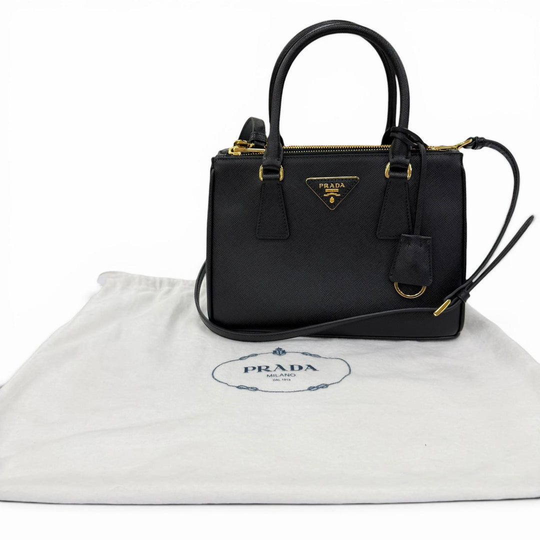 美品☆PRADA プラダ 1BA896 ガレリア スモール サフィアーノレザー 2WAYバッグ ショルダーバッグ ハンドバッグ ブラック ゴールド金具