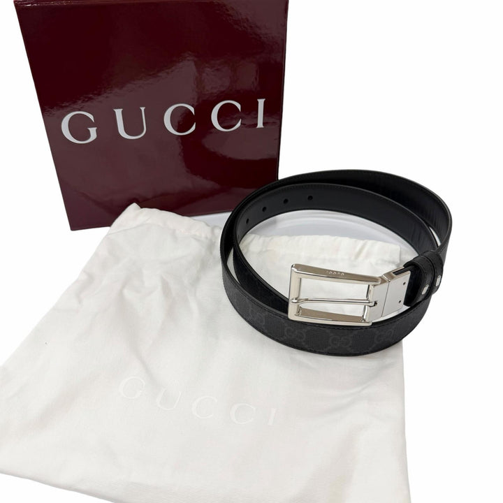 未使用品□GUCCI グッチ 771105 レザー GGスプリームキャンバス スクエア バックル付き リバーシブル ベルト ブラック 90/36 イタリア製