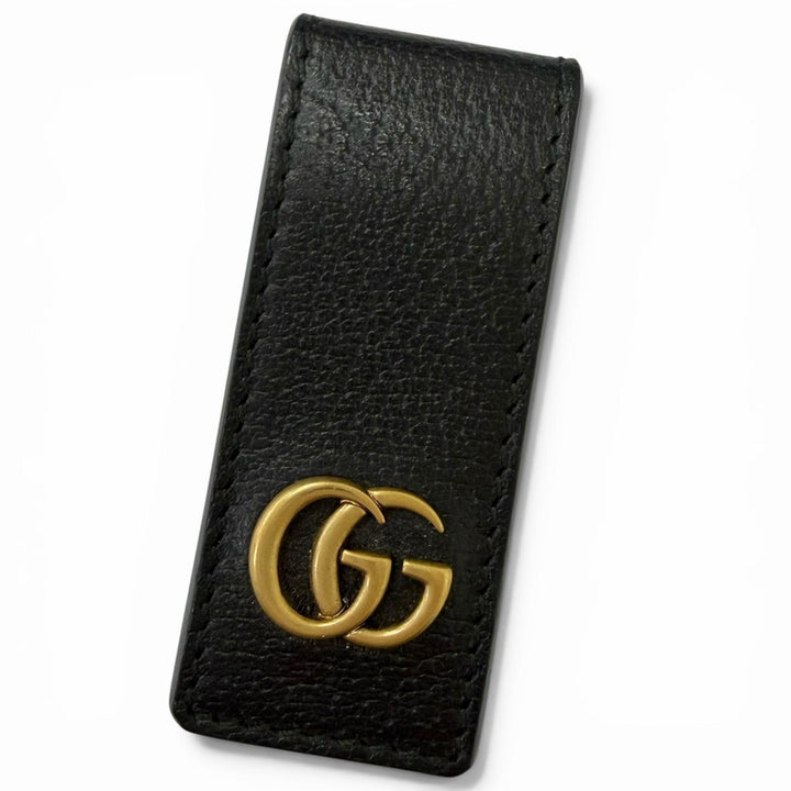 美品□GUCCI グッチ 522885 レザー GGマーモント ロゴゴールド金具 札ばさみ マネークリップ 財布 ブラック イタリア製 メンズオススメ◎