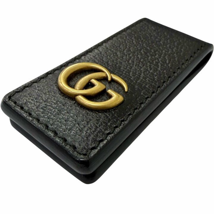 美品□GUCCI グッチ 522885 レザー GGマーモント ロゴゴールド金具 札ばさみ マネークリップ 財布 ブラック イタリア製 メンズオススメ◎