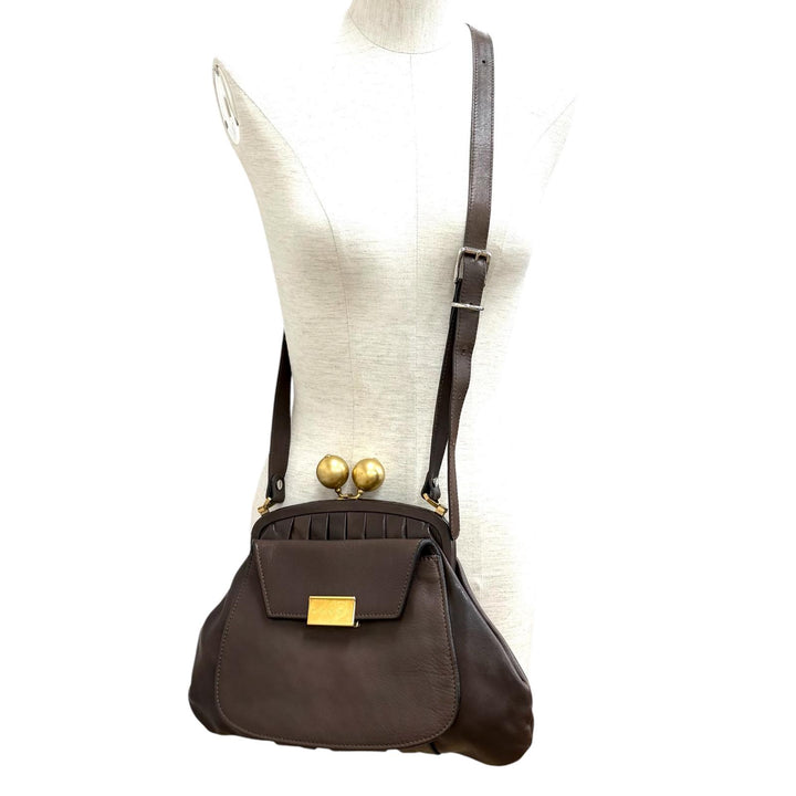 美品★MARNI マルニ ロゴ金具付き がま口 レザー ショルダーバッグ 鞄 ブラウン ゴールド金具 イタリア製 レディース 保存袋付き
