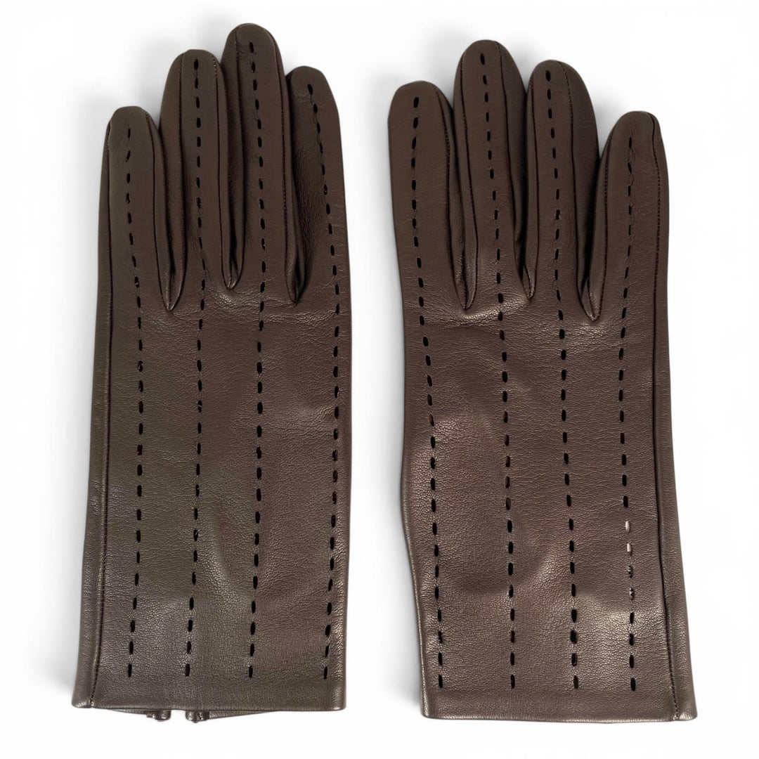 極美品▲HERMES エルメス ラムスキン Leather ラムレザー パンチング グローブ 手袋 ダークブラウン 7 フランス製 レディース