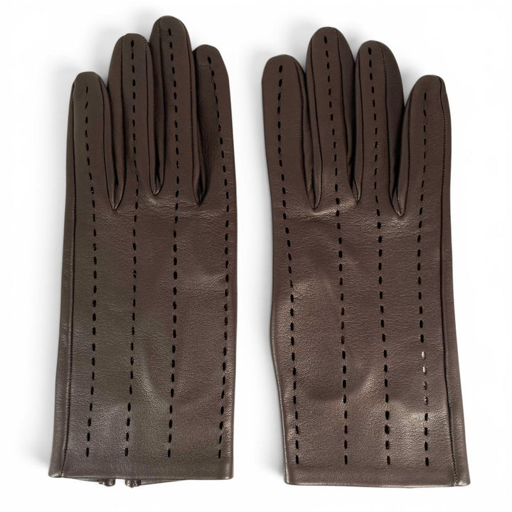 極美品▲HERMES エルメス ラムスキン Leather ラムレザー パンチング グローブ 手袋 ダークブラウン 7 フランス製 レディース