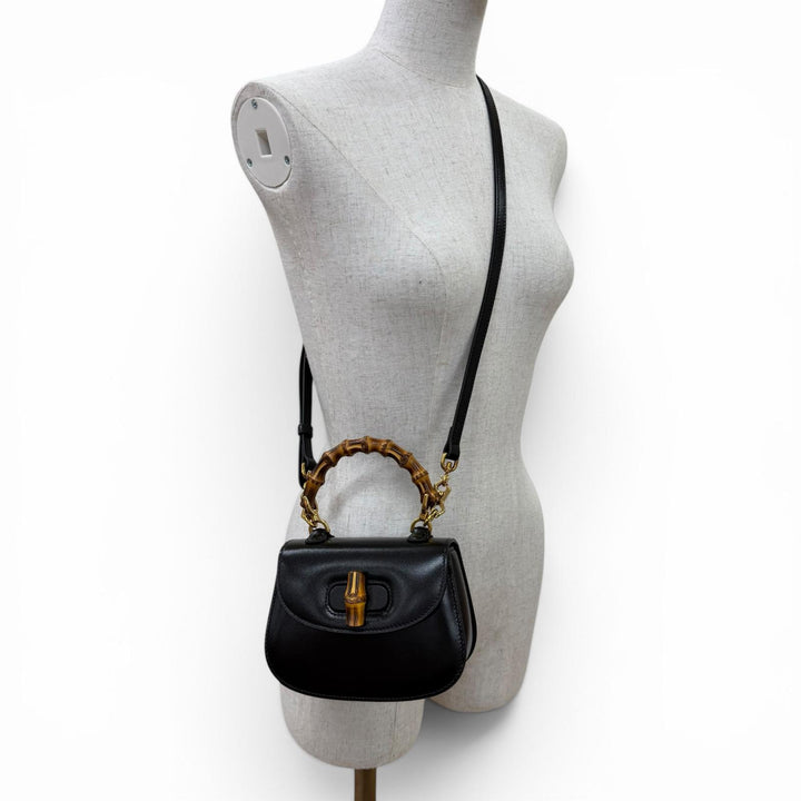 極美品☆GUCCI グッチ 686864 グッチ バンブー 1947 ミニバッグ レザー 2WAYハンドバッグ ショルダーバッグ ブラック 伊製 レディース
