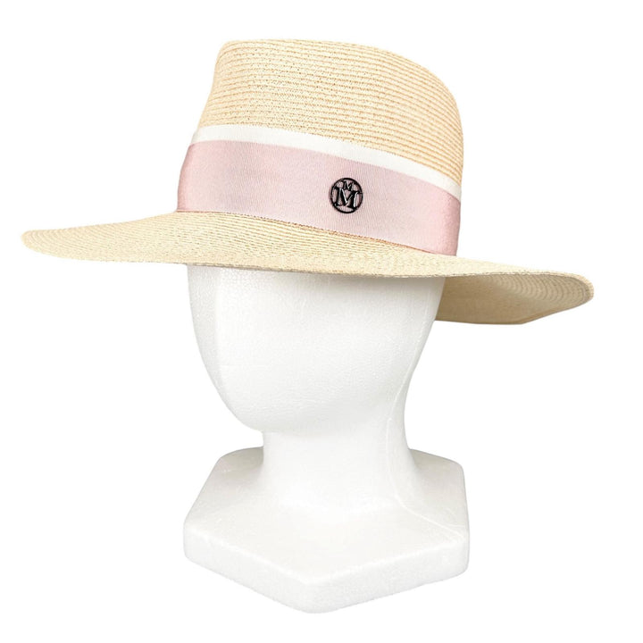 極美品▲MAISON MICHEL メゾンミッシェル ヘンプ100％ Mロゴ ストロー ハット ピンク ナチュラル M イタリア製 正規品 レディース