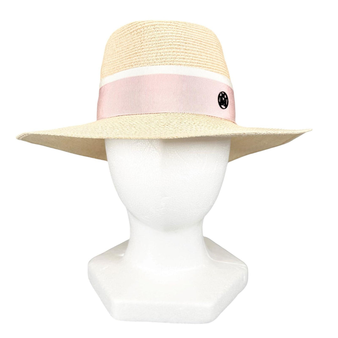 極美品▲MAISON MICHEL メゾンミッシェル ヘンプ100％ Mロゴ ストロー ハット ピンク ナチュラル M イタリア製 正規品 レディース