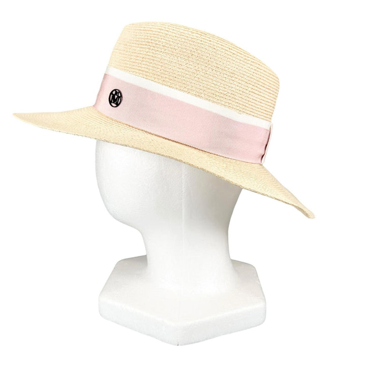 極美品▲MAISON MICHEL メゾンミッシェル ヘンプ100％ Mロゴ ストロー ハット ピンク ナチュラル M イタリア製 正規品 レディース
