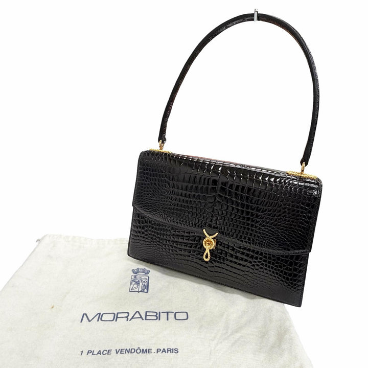 良品△MORABITO モラビト プリンセス ハンドバッグ クロコダイル ワニ革 ワンハンドルバッグ ブラック ゴールド金具 レディース
