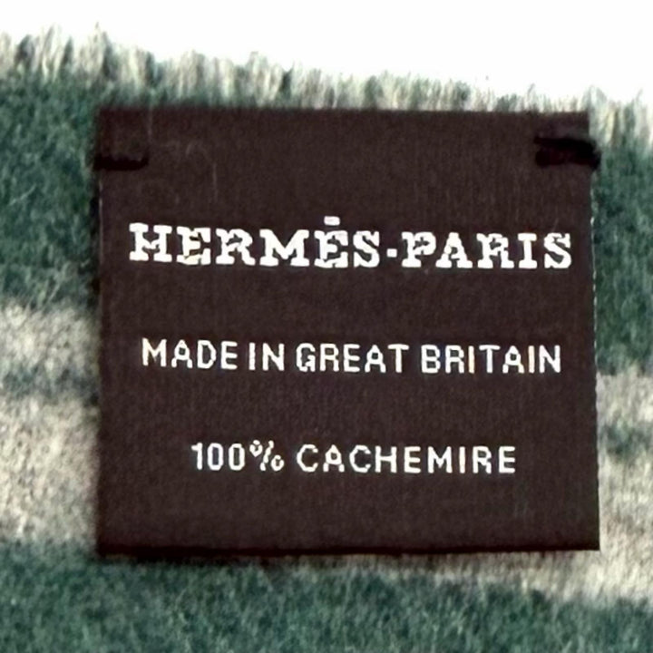 美品★HERMES エルメス カシミヤ100％ バンド ドゥ レポ マフラー ストール グリーン グレー 英国製 レディース