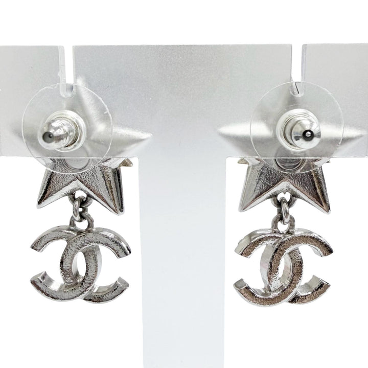 極美品△CHANEL シャネル C23S ABA907 ココマーク ラインストーン ストラス スター クリスタル スイング ピアス 両耳用 シルバー