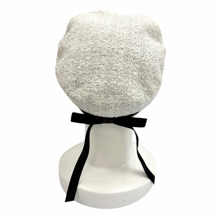 極美品★CHANEL シャネル 2025年製 ココマーク コットンツイード リボン キャスケット 帽子 ホワイト系 ブラック S イタリア製 正規品