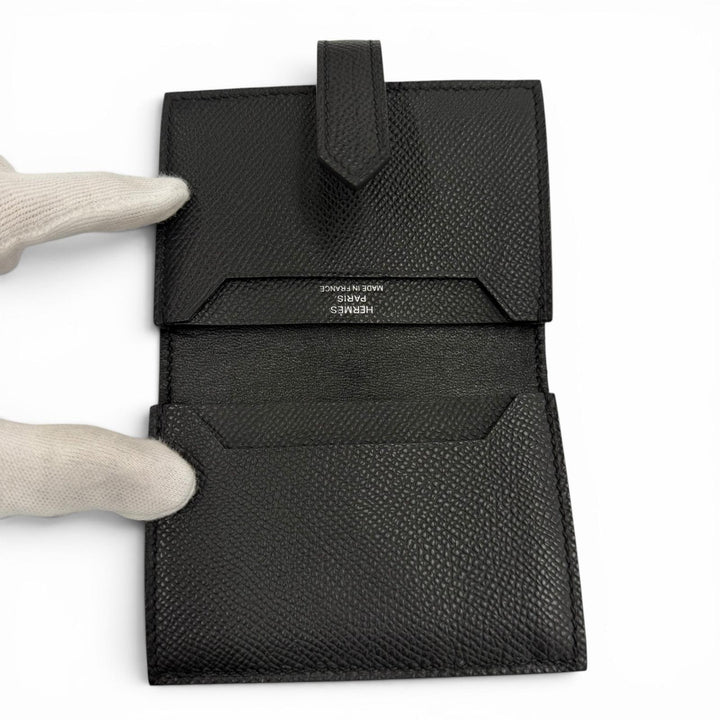 極美品▼HERMES エルメス ベアン ヴォーエプソン レザー ソーブラック Hロゴ モノクローム カードケース パスケース 名刺入れ K刻印