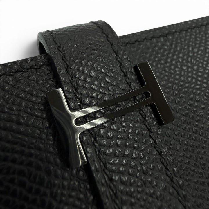 極美品▼HERMES エルメス ベアン ヴォーエプソン レザー ソーブラック Hロゴ モノクローム カードケース パスケース 名刺入れ K刻印