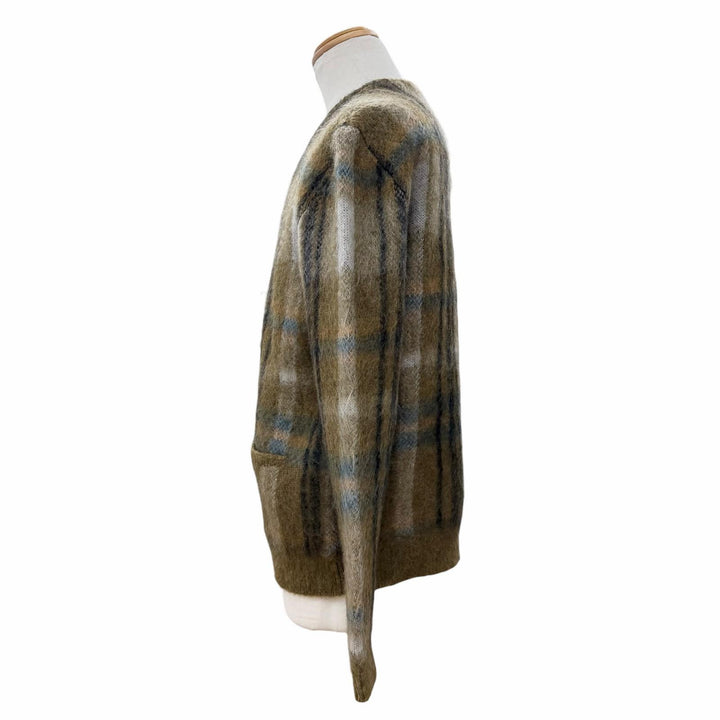 極美品▼CELINE セリーヌ 20AW 2A32J204L ブラッシュドモヘア チェック柄 Vネック ニット カーディガン カーキ S 伊製 正規品 メンズ