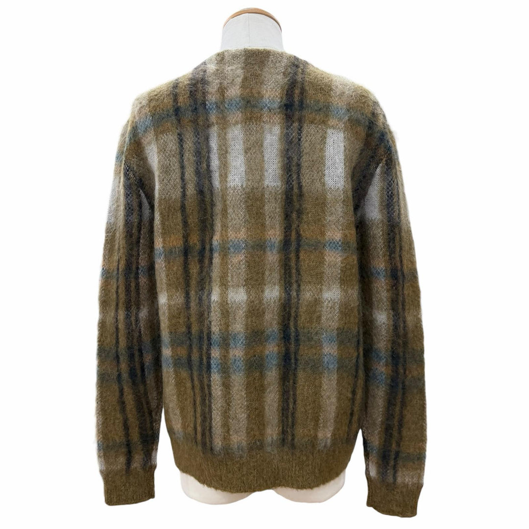 極美品▼CELINE セリーヌ 20AW 2A32J204L ブラッシュドモヘア チェック柄 Vネック ニット カーディガン カーキ S 伊製 正規品 メンズ