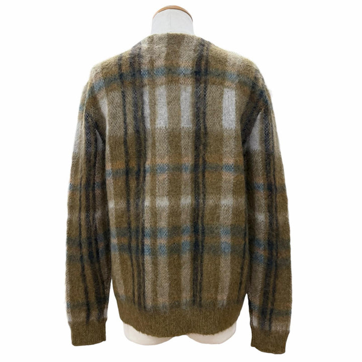 極美品▼CELINE セリーヌ 20AW 2A32J204L ブラッシュドモヘア チェック柄 Vネック ニット カーディガン カーキ S 伊製 正規品 メンズ