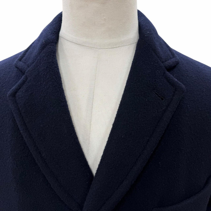 美品▼HERMES エルメス 21AW ウール100% 裏地ロゴ柄 シングル チェスターコート ネイビー 50 イタリア製 正規品 メンズ ハンガー付き