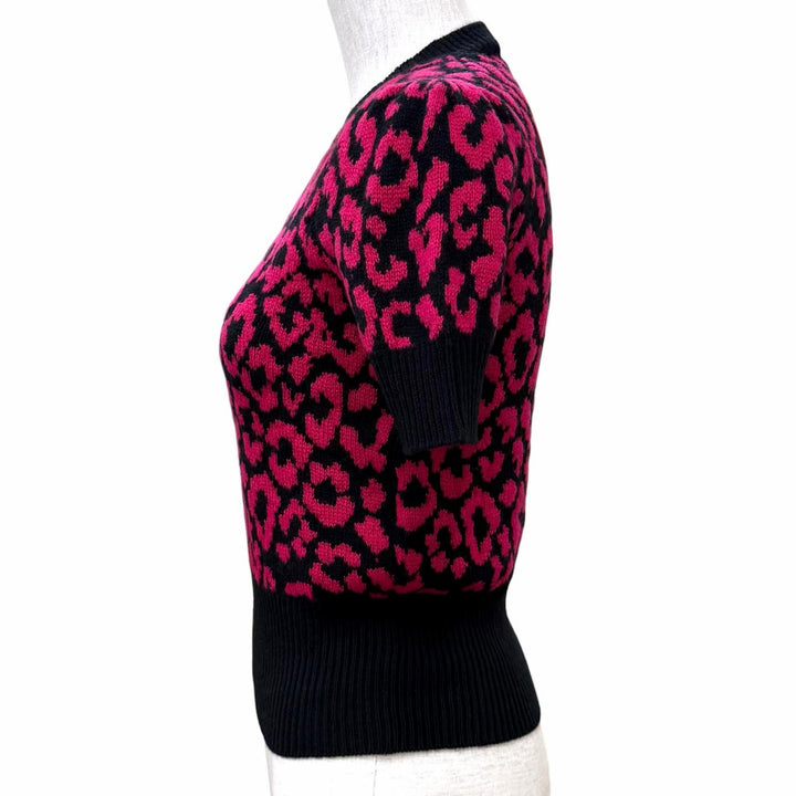 極美品★Christian Dior クリスチャンディオール 144S73AM067 カシミヤ100％ BEE刺繍入り レオパード柄 半袖ニット ピンク 黒 38 正規品