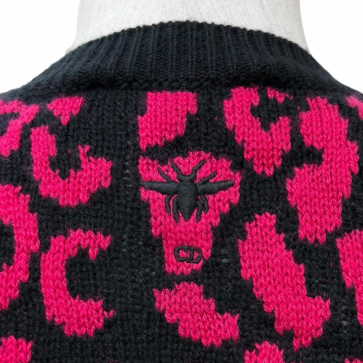 極美品★Christian Dior クリスチャンディオール 144S73AM067 カシミヤ100％ BEE刺繍入り レオパード柄 半袖ニット ピンク 黒 38 正規品