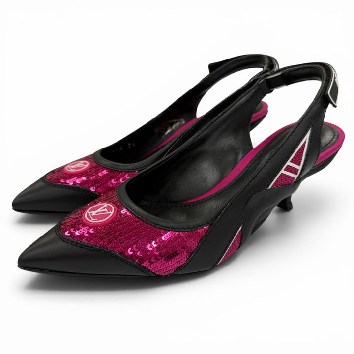 美品☆LOUIS VUITTON ルイヴィトン HEELS スパンコール LVサークルロゴ レザー パンプス ブラック ピンク 34 イタリア製 レディース