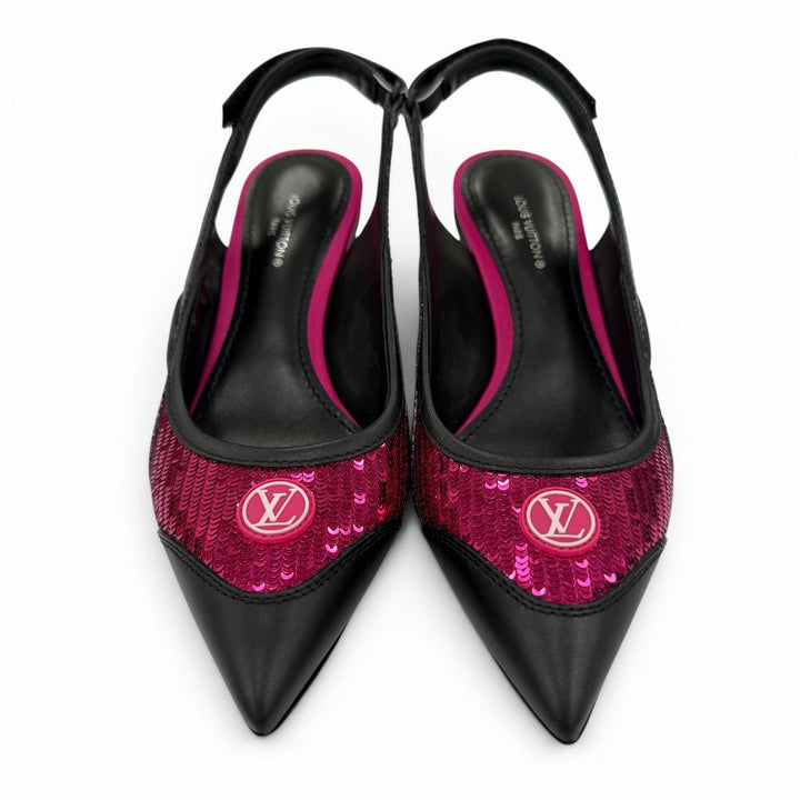美品☆LOUIS VUITTON ルイヴィトン HEELS スパンコール LVサークルロゴ レザー パンプス ブラック ピンク 34 イタリア製 レディース