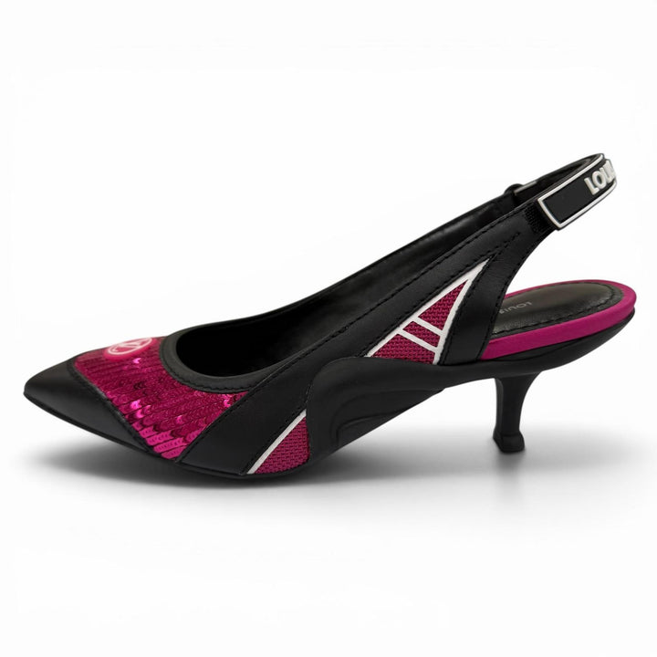 美品☆LOUIS VUITTON ルイヴィトン HEELS スパンコール LVサークルロゴ レザー パンプス ブラック ピンク 34 イタリア製 レディース