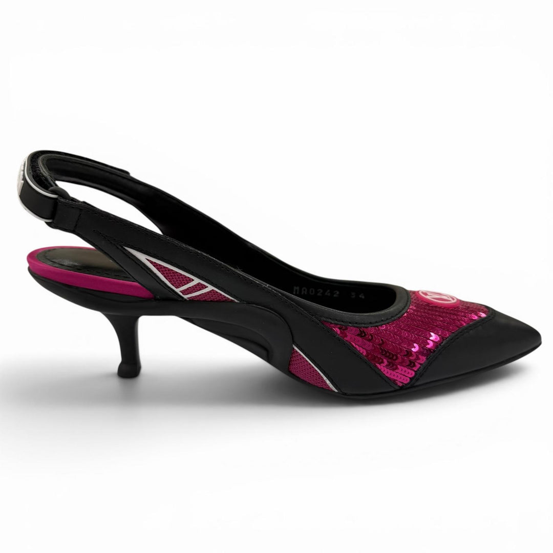 美品☆LOUIS VUITTON ルイヴィトン HEELS スパンコール LVサークルロゴ レザー パンプス ブラック ピンク 34 イタリア製 レディース