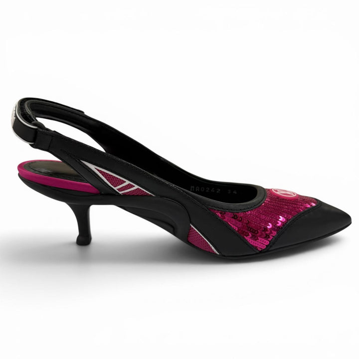 美品☆LOUIS VUITTON ルイヴィトン HEELS スパンコール LVサークルロゴ レザー パンプス ブラック ピンク 34 イタリア製 レディース