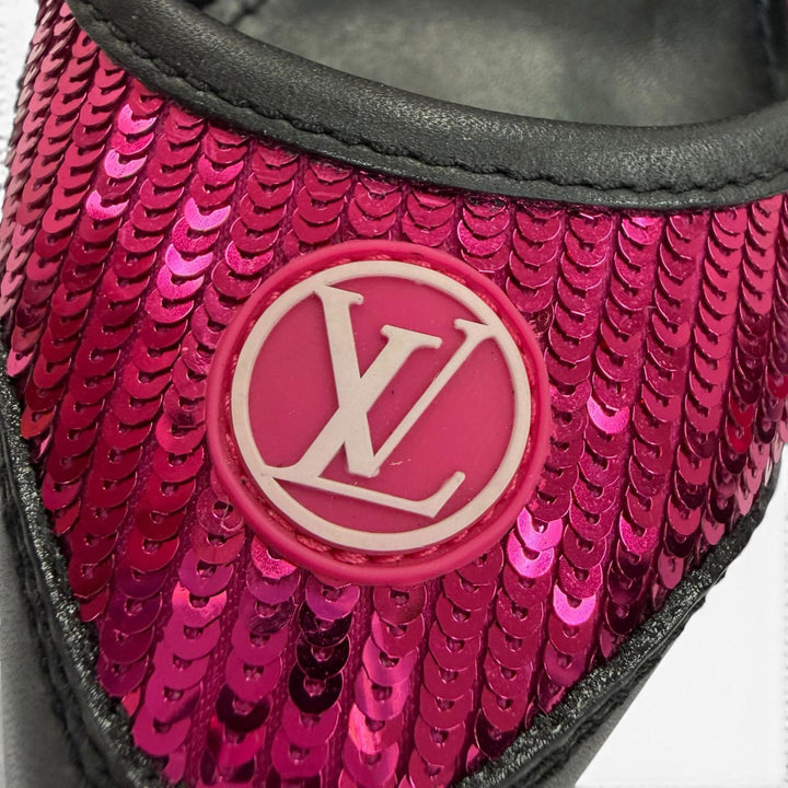 美品☆LOUIS VUITTON ルイヴィトン HEELS スパンコール LVサークルロゴ レザー パンプス ブラック ピンク 34 イタリア製 レディース