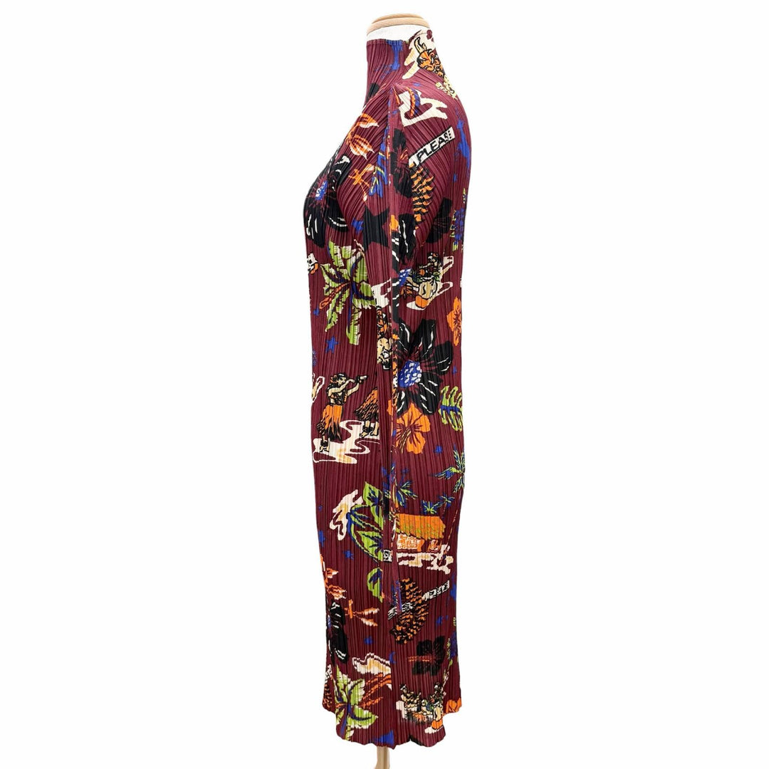 極美品△PLEATS PLEASE プリーツプリーズ イッセイミヤケ PP33-JH778 ハワイアン ハイビスカス ハイネック 長袖ワンピース 希少 4 正規品