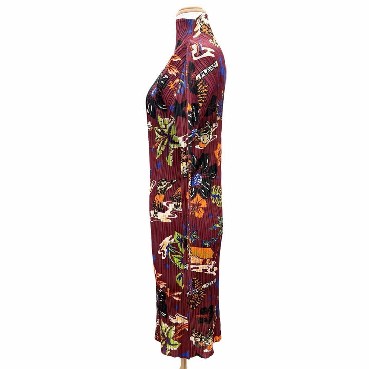 極美品△PLEATS PLEASE プリーツプリーズ イッセイミヤケ PP33-JH778 ハワイアン ハイビスカス ハイネック 長袖ワンピース 希少 4 正規品