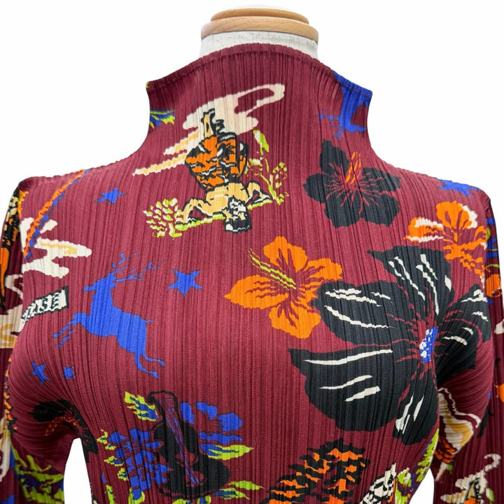 極美品△PLEATS PLEASE プリーツプリーズ イッセイミヤケ PP33-JH778 ハワイアン ハイビスカス ハイネック 長袖ワンピース 希少 4 正規品