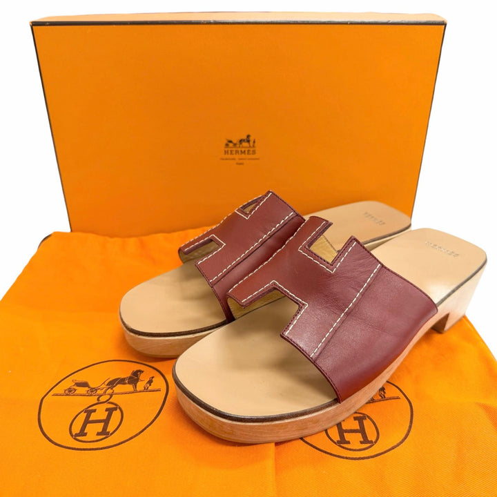 美品△HERMES エルメス ケブラール レザーHモチーフ ウッドソール ミュール サンダル ブラウン 36 スペイン製 レディース 箱・保存袋付き