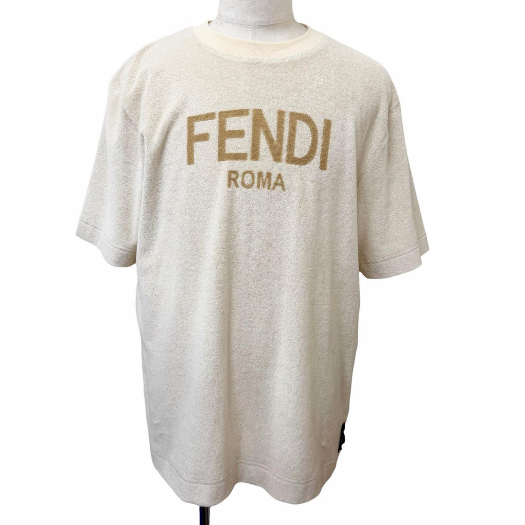 極美品□FENDI フェンディ FY0936 襟コットン100% フロントロゴ パイル地 半袖Ｔシャツ カットソー ベージュ L イタリア製 正規品 メンズ