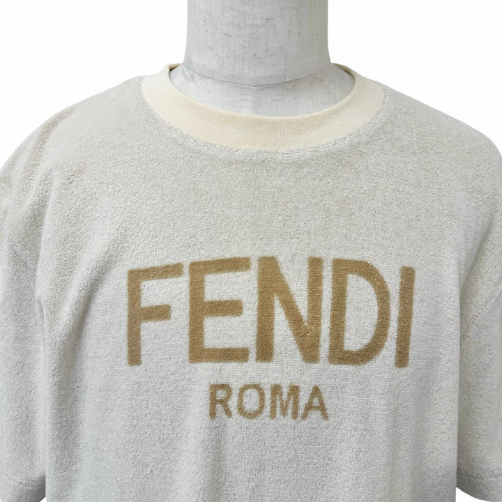 極美品□FENDI フェンディ FY0936 襟コットン100% フロントロゴ パイル地 半袖Ｔシャツ カットソー ベージュ L イタリア製 正規品 メンズ