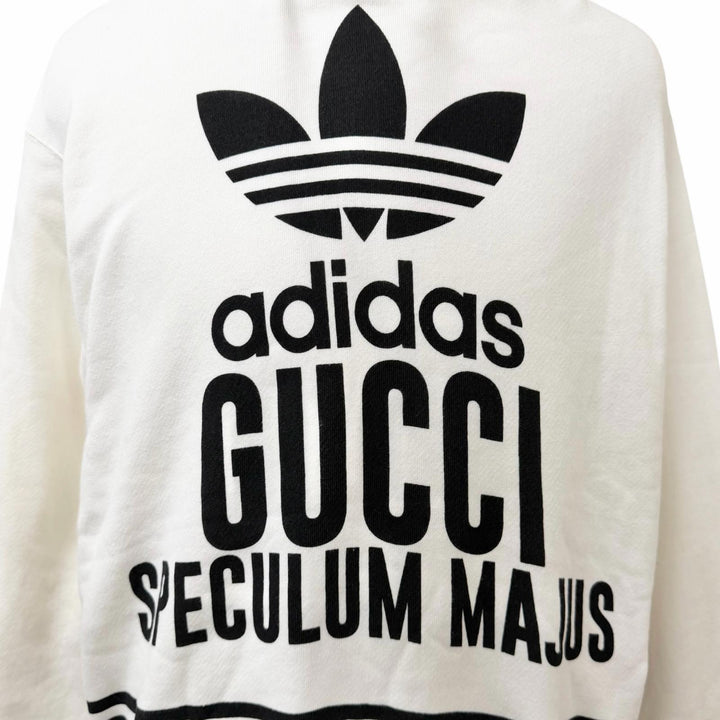 美品□GUCCI×adidas グッチ×アディダス 717427 コットン トレフォイル ロゴプリント プルオーバー パーカー ホワイト XS 正規品 メンズ