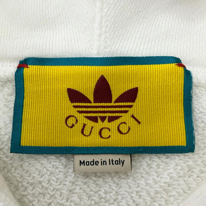 美品□GUCCI×adidas グッチ×アディダス 717427 コットン トレフォイル ロゴプリント プルオーバー パーカー ホワイト XS 正規品 メンズ