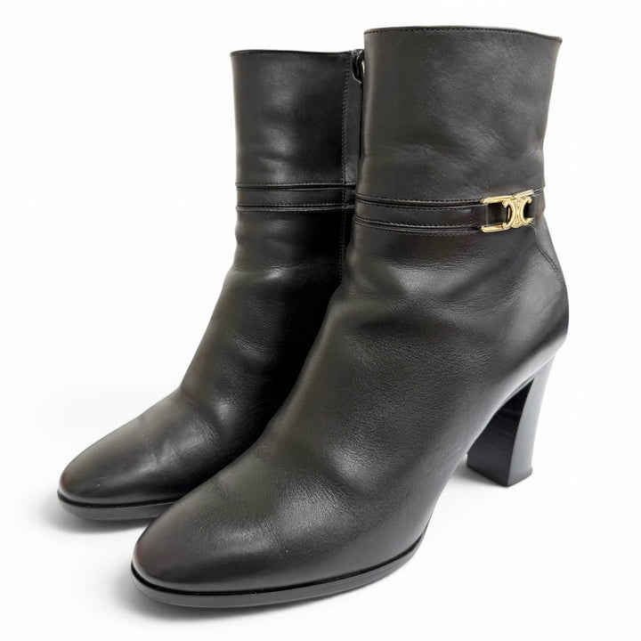 美品△CELINE セリーヌ トリオンフ サイドジップ レザー アンクルブーツ ショートブーツ ブラック 37.5 イタリア製 レディース