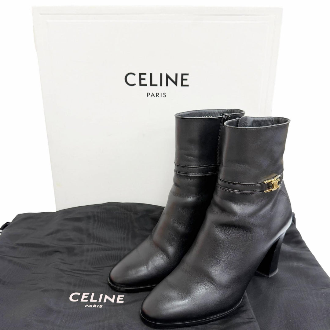美品△CELINE セリーヌ トリオンフ サイドジップ レザー アンクルブーツ ショートブーツ ブラック 37.5 イタリア製 レディース