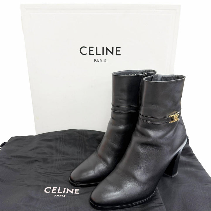 美品△CELINE セリーヌ トリオンフ サイドジップ レザー アンクルブーツ ショートブーツ ブラック 37.5 イタリア製 レディース