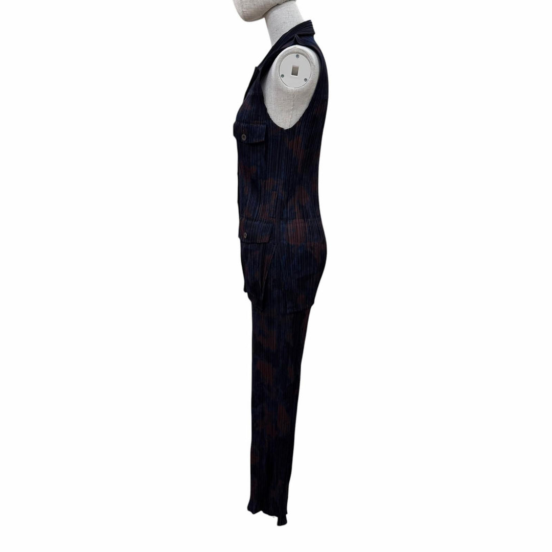 極美品☆PLEATS PLEASE プリーツプリーズ イッセイミヤケ タイダイ柄 ノースリーブシャツ/パンツ セットアップ ネイビー系 3/1 正規品