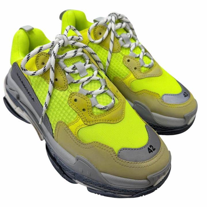 美品□BALENCIAGA バレンシアガ TRIPLE S ダメージ加工 メッシュ ローカットスニーカー ダッドシューズ ネオンイエロー 27.5 メンズ