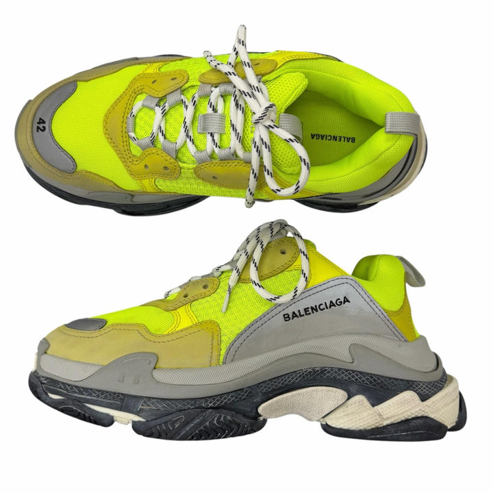 美品□BALENCIAGA バレンシアガ TRIPLE S ダメージ加工 メッシュ ローカットスニーカー ダッドシューズ ネオンイエロー 27.5 メンズ