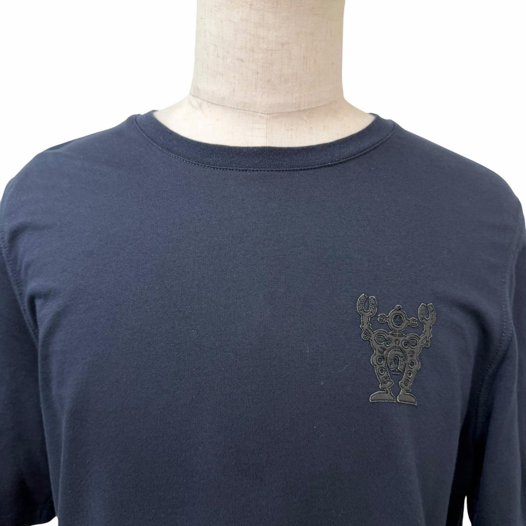 美品□HERMES エルメス ハローミスターファリエール ロボット ラムレザーパッチ 半袖Ｔシャツ カットソー ネイビー M イタリア製 メンズ