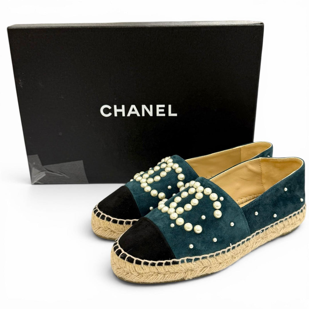 美品★CHANEL シャネル G29762 ココマーク エコパール スウェードレザー エスパドリーユ スリッポン グリーン ブラック 35 スペイン製