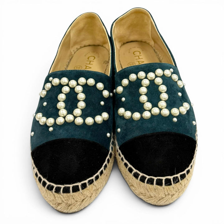 美品★CHANEL シャネル G29762 ココマーク エコパール スウェードレザー エスパドリーユ スリッポン グリーン ブラック 35 スペイン製