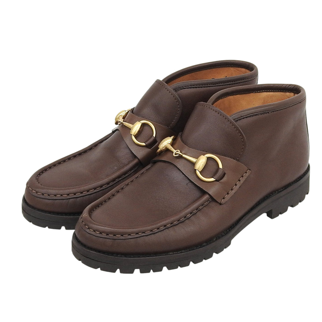 【ドンドン見直し】極美品▲GUCCI グッチ ヴィンテージ ホースビット Uチップ レザー チャッカ ブーツ ブラウン ゴールド金具 6.5 伊製