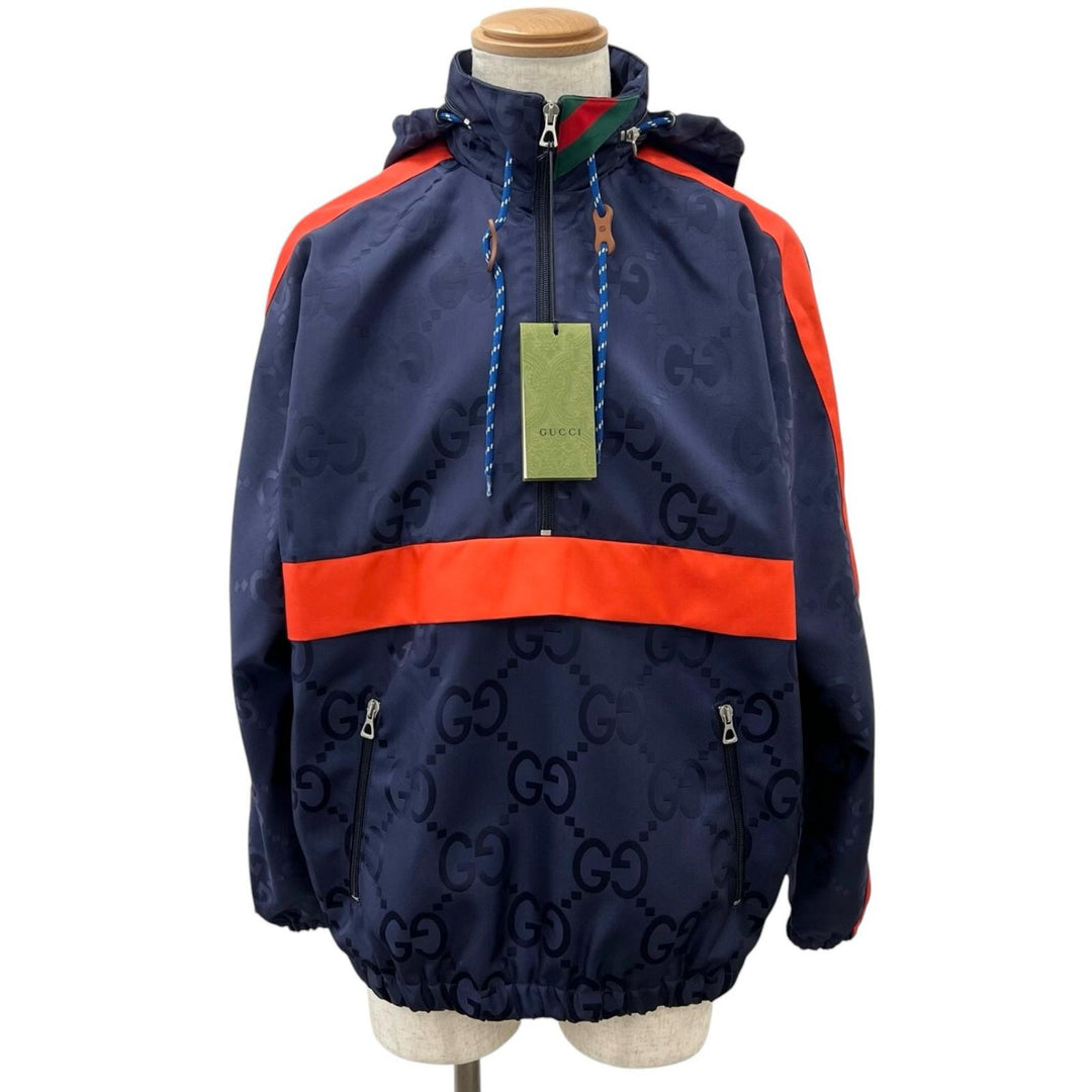 未使用品▲GUCCI グッチ 22AW 685818 ジャンボGG フード付き ハーフZIP ナイロンジャケット ネイビー レッド 44 イタリア製 正規品 メンズ