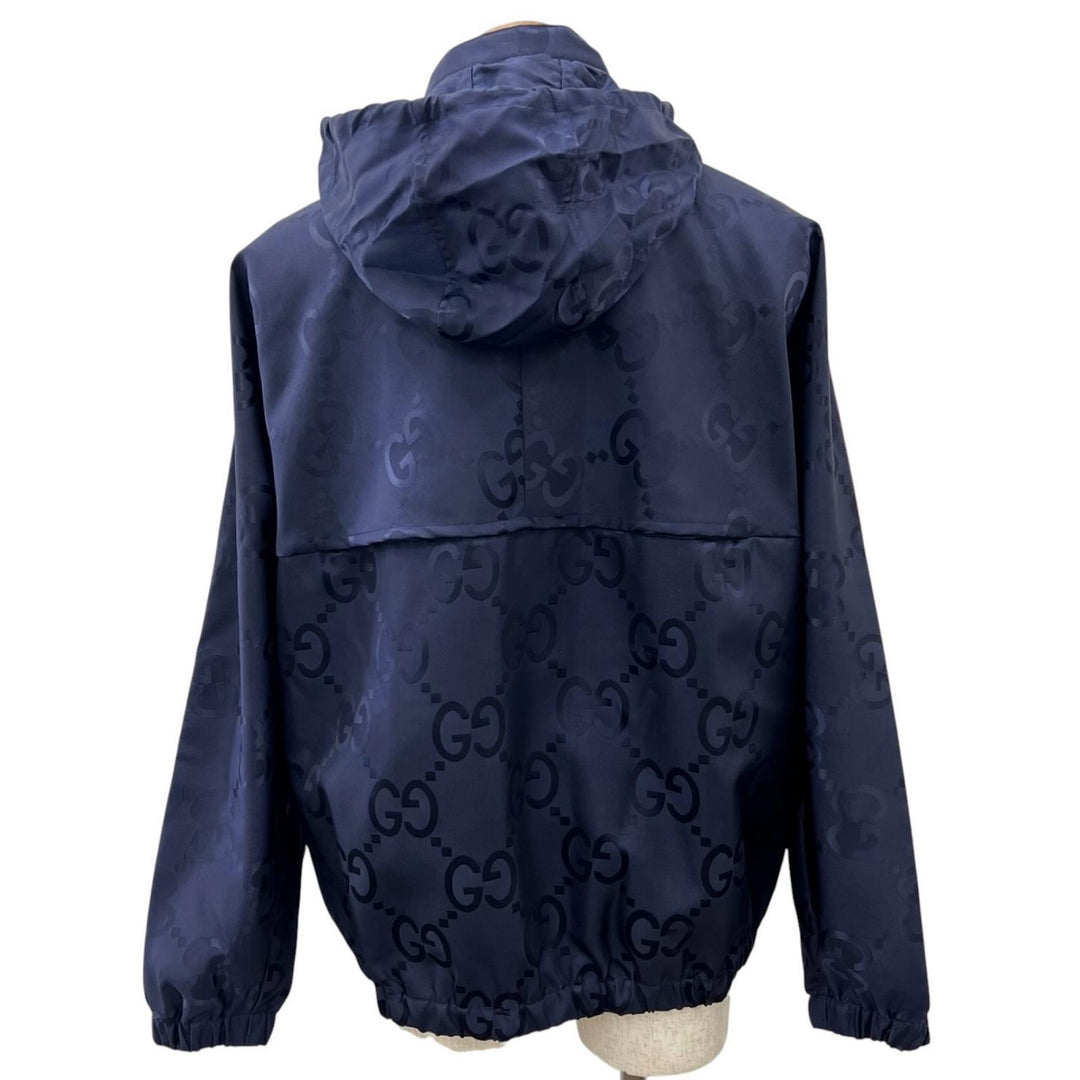 未使用品▲GUCCI グッチ 22AW 685818 ジャンボGG フード付き ハーフZIP ナイロンジャケット ネイビー レッド 44 イタリア製 正規品 メンズ