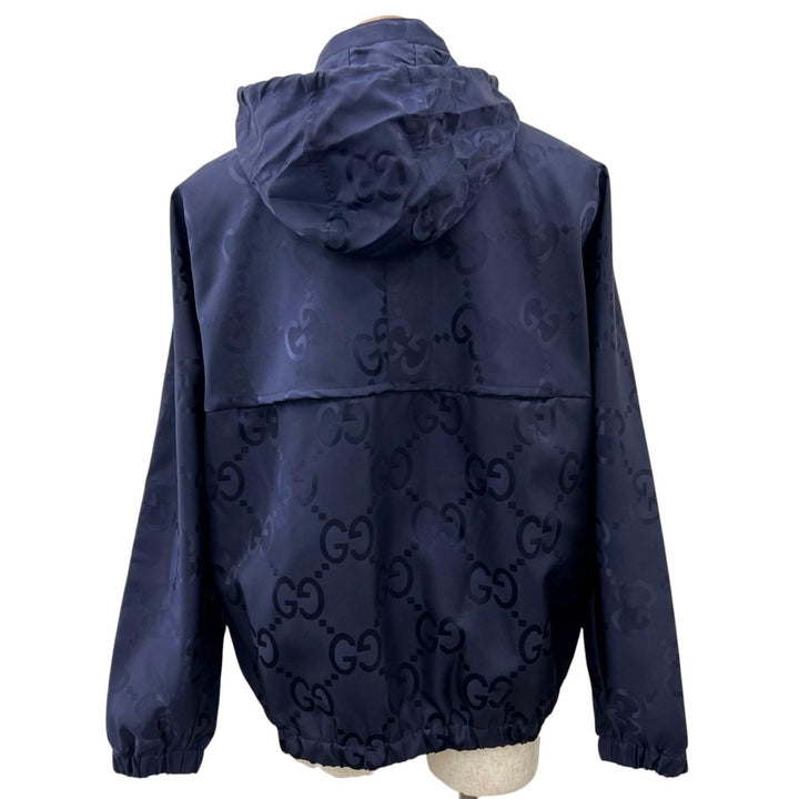 未使用品▲GUCCI グッチ 22AW 685818 ジャンボGG フード付き ハーフZIP ナイロンジャケット ネイビー レッド 44 イタリア製 正規品 メンズ